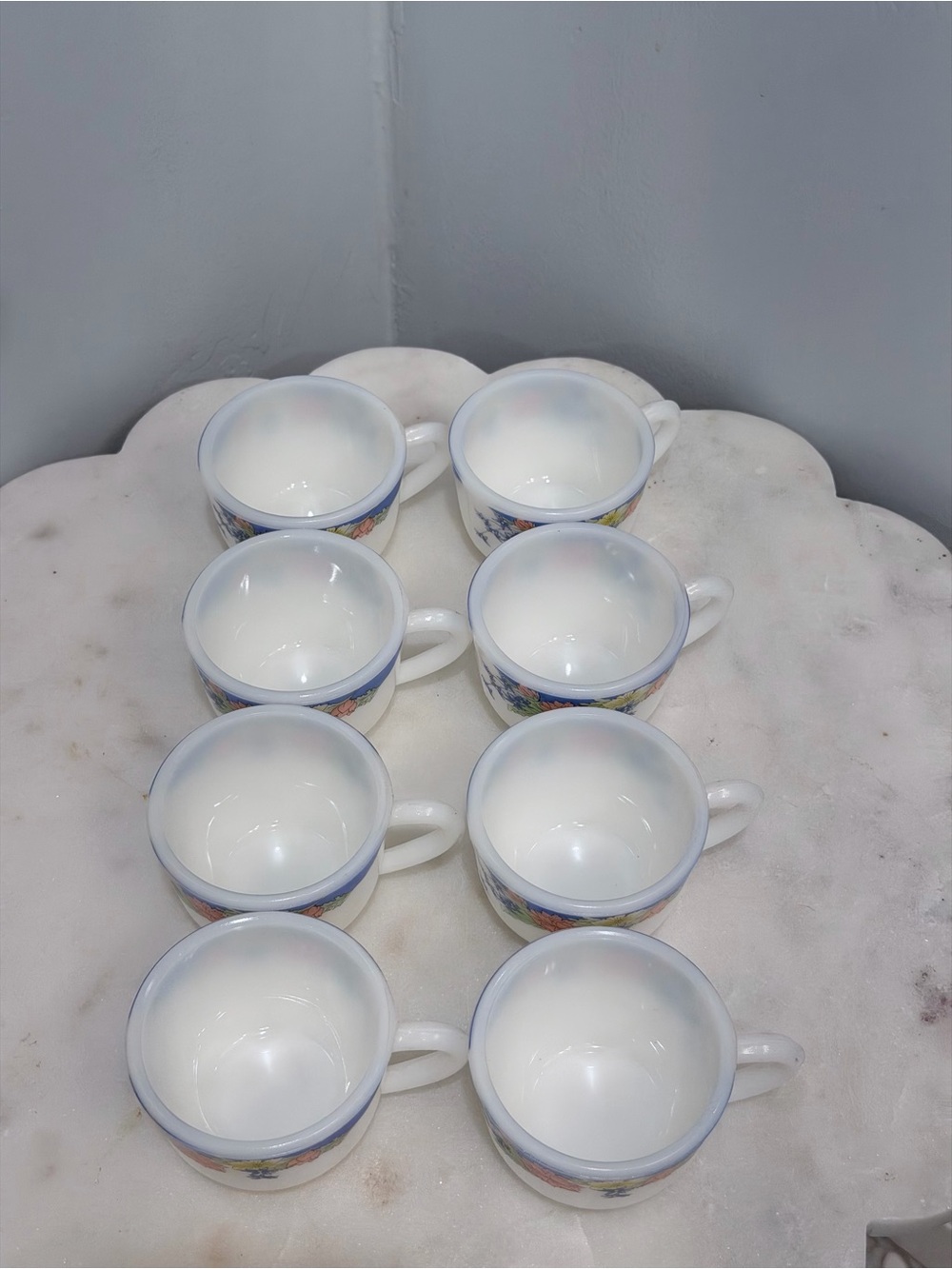 Vintage 90s Duropal French Opal Glass Teacups Set 7 Floral Blue Rim Coffee Cups - Picture 9 of 13